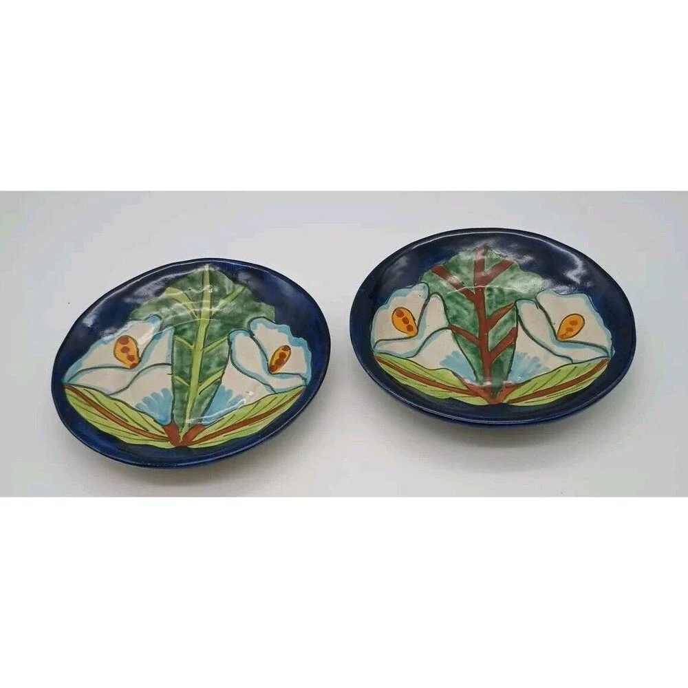 Talavera Calla Lily Hand Painted Mexico Coaster Appetizer Plate Set Of 2